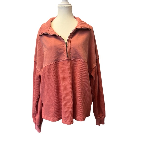 Tops - Waffle Knit Half-Zip Pullover Sweatshirt